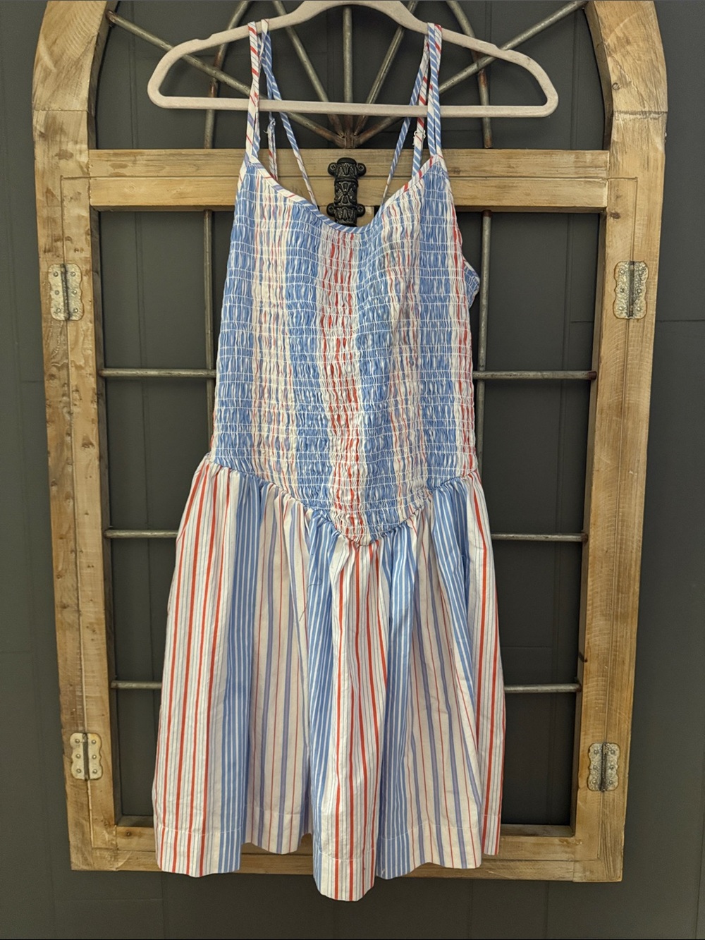 Womans Striped Sundress with Smocked Bodice - Blue, White & Red